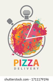 Vector banner on the theme of pizza delivery. Decorative illustration with a stopwatch and an abstract image of pizza in the form of multicolored spots and splashes on a light background