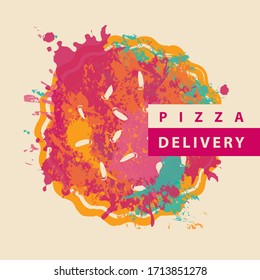 Vector banner on the theme of pizza delivery. Decorative illustration with abstract image of pizza in the form of colorful spots and splashes on a light background
