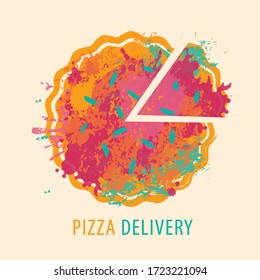 Vector banner on the theme of pizza delivery. Creative illustration with a bright abstract pizza and one cut slice on a light background. Advertising a pizzeria with an online ordering option
