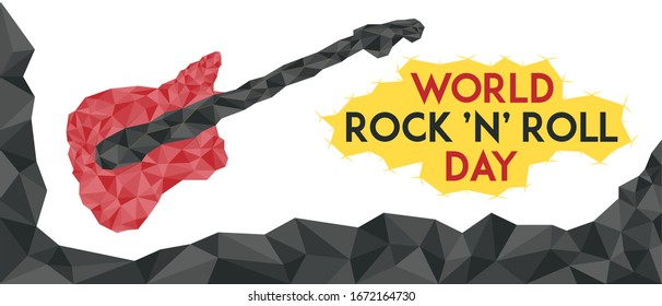 Vector banner on the theme of World Rock 'n' Roll Day. Guitar silhouette in low poly style. Bright, cast colors, red, yellow, black. Copyspace.