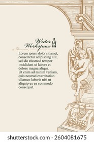 Vector banner on the theme of writers with sketches and space for text. Writer's workplace. Vintage illustration with hand-drawn books, typewriter, ink pen, antique architecture and a seated angel