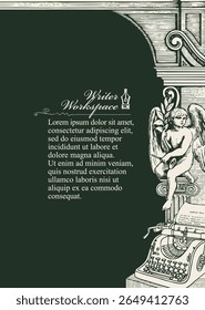 Vector banner on the theme of writers with space for text. Workplace, library. Vintage page with hand-drawn typewriter, ink pen, antique architecture and sitting angel. Book page, magazine, logo.No Ai