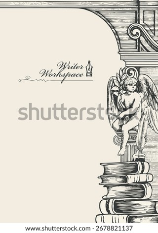Vector banner on the theme of writers with space for text. Writer's workplace. Vintage page with hand-drawn books, typewriter, antique architecture and sitting angel. No AI used