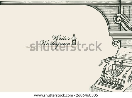 Vector banner on the theme of writers with space for text. Writer's workplace. Vintage page with  typewriter, antique architecture and arch. No AI used