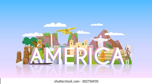 Vector banner on themes: trip to South America, sights South America, vacations in South America, summer adventure. Modern flat style.