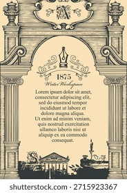 Vektorbanner zum Thema Literatur und Schriftsteller mit Platz für Text. Seite mit Büchern, Stift, antikem Bogen. Ein Zeichen für einen Laden, ein Café, eine Bibliothek. Seite eines Buches, einer Zeitschrift, eines Logos. Nicht KI.