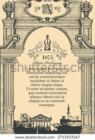 Vector banner on the topic of literature and writers with space for text. Page with books, pen, antique arch. Sign of a shop, cafe, library. Page of a book, magazine, logo. Not AI.