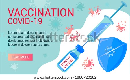 Vector banner on the topic of vaccination against coronavirus. A vaccine against coronavirus. A syringe, a bottle of vaccine, and a shield. Destruction of viruses.