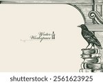 Vector banner on a writers theme with sketches and place for text. Writer workspace. Vintage illustration with hand-drawn books, vintage architecture and old crow