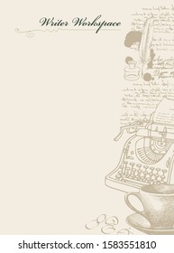 Vector banner on a writers theme with sketches and place for text. Artistic illustration with hand-drawn typewriter, inkwell, feather and unreadable handwritten notes in retro style. Writer workspace