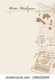 Vector banner on a writers theme with sketches and place for text. Writer workspace. Artistic illustration with pencil drawing of typewriter, dragonfly and handwritten notes with spots in retro style