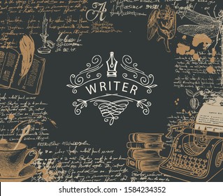 Vector banner on a writers theme with sketches and place for text in retro style on black background. Abstract illustration with hand-drawn typewriter, books, angel, dragonfly, handwritten notes