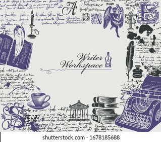 Vector banner on a writers theme in vintage style. Writer workspace with sketches and place for text. Artistic illustration with hand-drawn typewriter, books, angel and handwritten notes with spots.