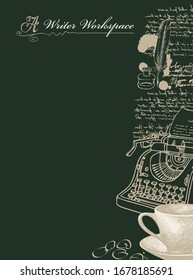 Vector banner on a writers theme with sketches and place for text on black background. Writer workspace. Hand-drawn illustration with cup, typewriter, inkwell, feather and illegible handwritten notes
