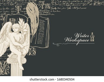 Vector banner on a writers theme with sketches and place for text. Writer workspace. Vintage illustration with hand-drawn angel, feather, notebook and illegible handwritten notes on a black background