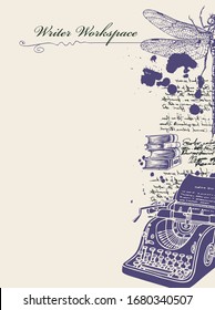 Vector banner on a writers theme with sketches and place for text. Vintage illustration with hand-drawn typewriter, books, dragonfly and unreadable handwritten notes with ink blots. Writer workspace