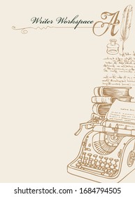 Vector banner on a writers theme with sketches and place for text. Writer workspace. Vintage illustration with hand-drawn typewriter, books, inkwell, feather and unreadable handwritten notes