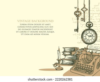 Pancarta vectorial en un tema de escritores con bocetos y lugar para texto. Espacio de trabajo de escritor. Ilustración vintage con máquina de escribir a mano, libros, reloj vintage, llaves y notas manuscritas ilegibles