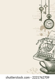 Vector banner on writers theme with sketches and place for text. Writer workspace. Vintage illustration with hand-drawn typewriter, cup of coffee, vintage clock, keys and unreadable handwritten notes