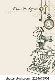 Pancarta vectorial en un tema de escritores con bocetos y lugar para texto. Espacio de trabajo de escritor. Ilustración vintage con máquina de escribir a mano, libros, reloj vintage, llaves y notas manuscritas ilegibles