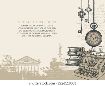 Vector banner on a writers theme with sketches and place for text. Writer workspace. Vintage illustration with hand-drawn typewriter, books, vintage clock, keys and unreadable handwritten notes