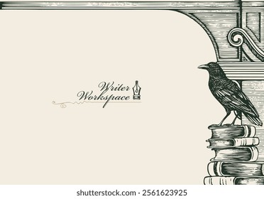 Vector banner on a writers theme with sketches and place for text. Writer workspace. Vintage illustration with hand-drawn books, vintage architecture and old crow