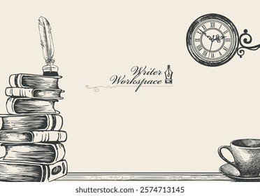 Vector banner on a writers theme with sketches and place for text. Writer workspace. Vintage illustration with hand-drawn books, vintage architecture and cup of coffee or tea