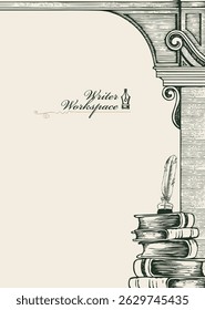 Vector banner on writers theme with sketches and space for text. Vintage illustration with hand drawn vintage architecture, books, typewriter and old crow