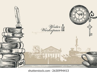 Vector banner on a writers theme with sketches and place for text. Writer workspace. Vintage illustration with hand-drawn books, vintage architecture and cup of coffee or tea. No AI used