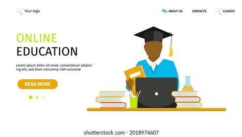 Cartel del vector. Concepto de educación en línea. Estudiantes africanos 