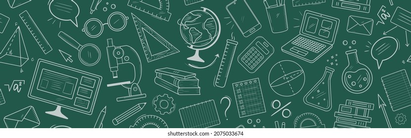 Vector Banner With Online Education Doodle Symbols. Learning, Knowlege, Skill Concept. Seamless Background With Math, Physics, Chemistry, Icons. School And University Pattern