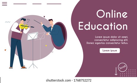 Vector banner of online education. Violinist and conductor play music together. Scene of remote music lesson, play musical instrument. Character illustration of online services, teleportation metaphor