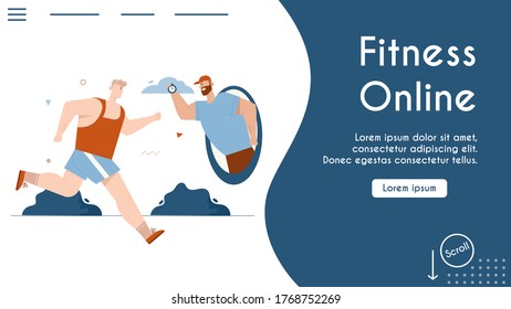 Vector banner of online fitness. Athlete trains running with trainer. Coach remotely training runner. Scene of sport activity, jogging. Character illustration of online services, teleport metaphor