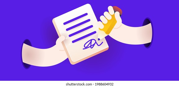 Vector banner for online form or agreement. Agreement with signature and two hands. Modern illustration with gradients and bright colours for web and print. Abstract background with editable elements.