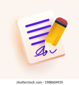 Banner vector para formulario o acuerdo en línea. Documento de acuerdo con firma y lápiz. Ilustración moderna con gradientes y colores brillantes para la web.