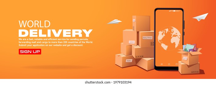 Vector banner of online parcel delivery service around the world. Postage concept. Mobile phone with a globe and boxes with things on an orange background. Send a letter by courier to any country.