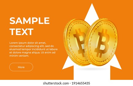 Vector banner orange background 2 gold bitcoin coins on the background of a white arrow pointing up. Currency growth. Vector illustration