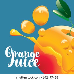 vector banner with orange fruit, juice drops and inscription orange juice on blue background