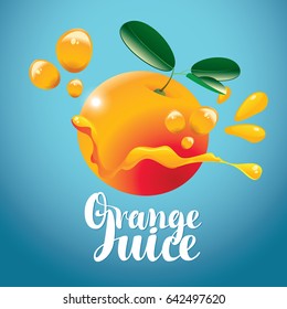 vector banner with orange fruit, juice drops and inscription orange juice on blue background