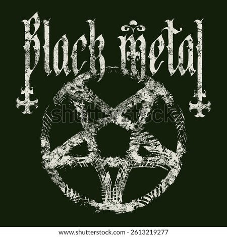 Vector banner original sketch on occultism and witchcraft, death metal rock music with phrase Black metal written in gothic font with inverted crosses, satanic pentagram. Used for poster and CD disk