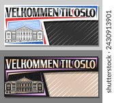 Vector banner for Oslo with copy space, decorative layout with line illustration of norwegian parliament in oslo on day and dusk sky background, art design tourist card with words velkommen til oslo