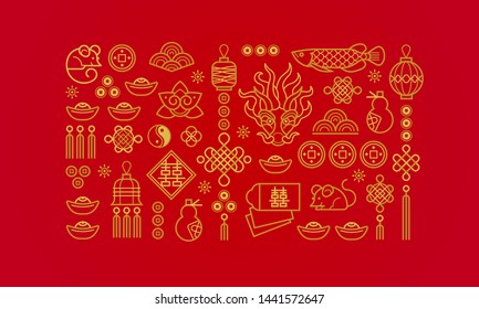 Vector banner with a outline illustration of the design elements on red background. Rat zodiac sign, symbol of 2020 on the Chinese calendar. White Metal Rat, chine lucky. 