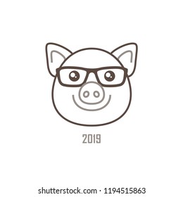 Vector banner with a outline illustration of head kawaii porky, symbol of 2019 on the Chinese calendar, isolated. Yellow Earthy Pig. Element for New Year's design. Used for advertising, greetings.
