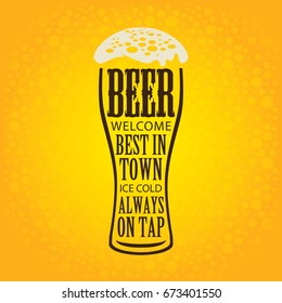 Vector banner with overflowing beer glass and lettering on the beer theme on the yellow bubble background in a retro style.