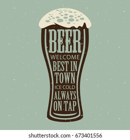 Vector banner with overflowing beer glass and lettering on the beer theme on the gray paper background in a retro style.