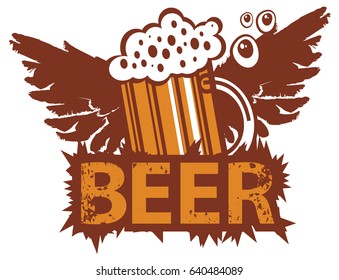 vector banner with a overflowing glass of beer and wings in retro style