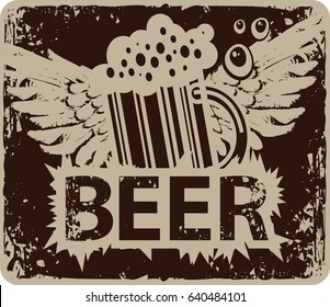 vector banner with a overflowing glass of beer and wings in retro style