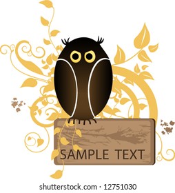 Vector Banner - owl on top of old wooden board with copy-space for text