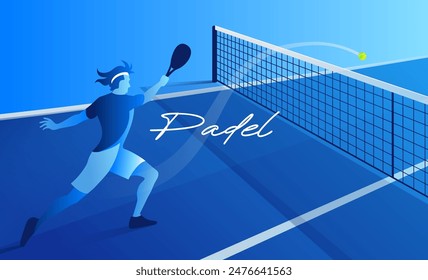 Vector banner, padel and tennis, in blue tones with the image of a net, a player hitting the ball