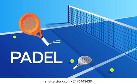 Vector banner for padel tennis, padel court, padel racket, ball